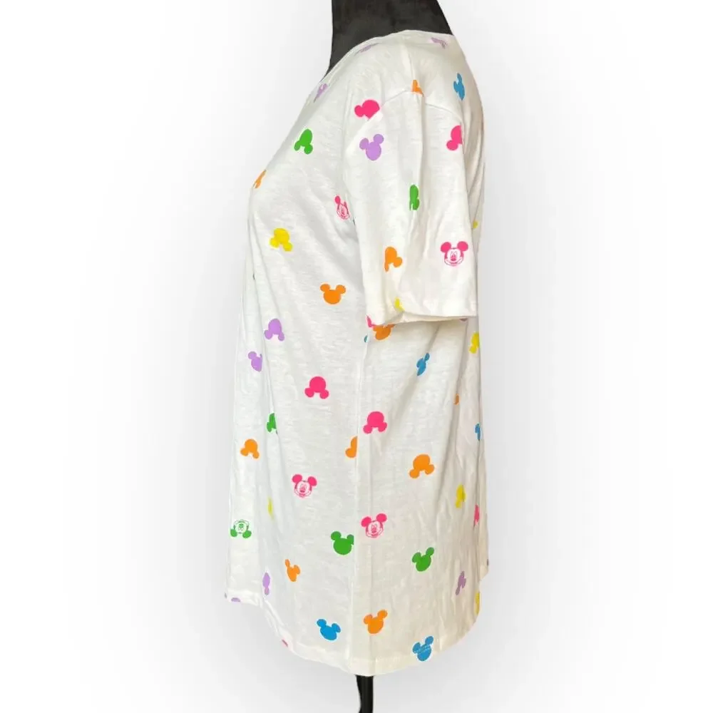 Disney Women's White with Multicolored Mickey Mouse Heads Print T-Shirt Size Med - Picture 3 of 9